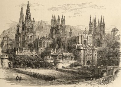 Bridge, gateway and Cathedral of Burgos, illustration from 